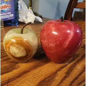 Vintage Lot Of 2 Solid Alabaster And Onyx Apple Fruit Paperweights, Metal Stems